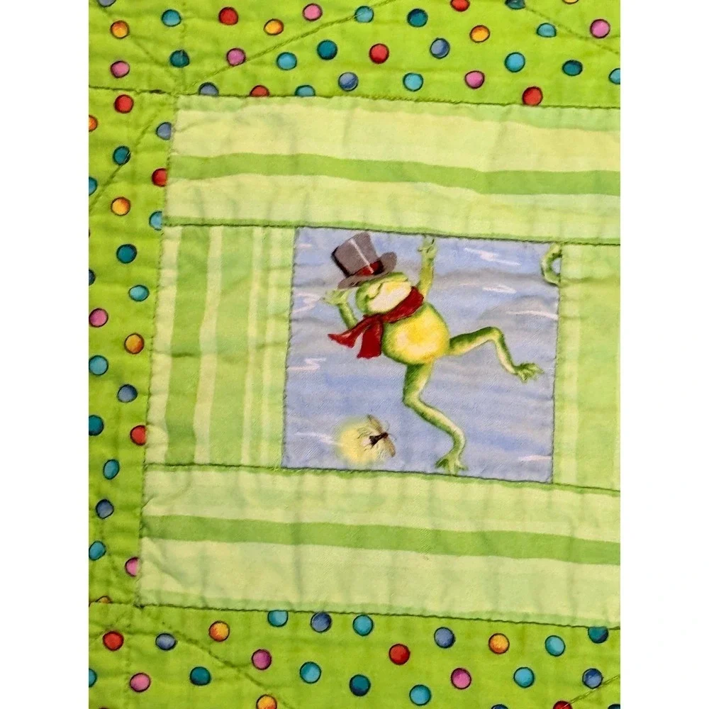 Handmade Quilted Baby Blanket Green  Frogs Polka Dot  34x25